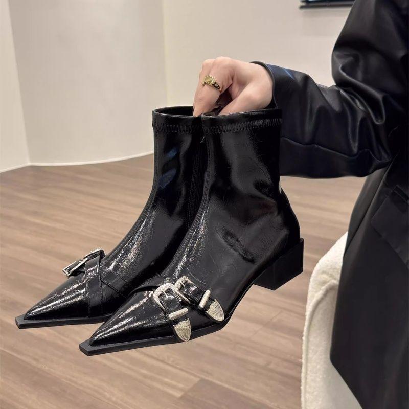 Französische spitze dicke hohe Absätze kurze Stiefel Damen 2025 neu Temperament Seitenreißverschluss Mode elastische dünne Stiefel