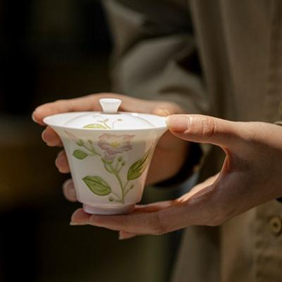 Hand-painted Purple Flower Gaiwan Japanese Tea Tureen Tea Bowl With Lid Kit Tea Making Cover Bowl Teaset Ornaments Craft