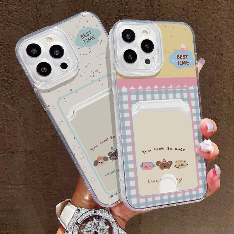 Card Slot Holder Silicone Wallet Pocket Case For Xiaomi Redmi Note 13 14 Reno 12F 13F iPhone 16 17 Samsung S23 S24 S25 Ultra Cover Clear Phone Bumper