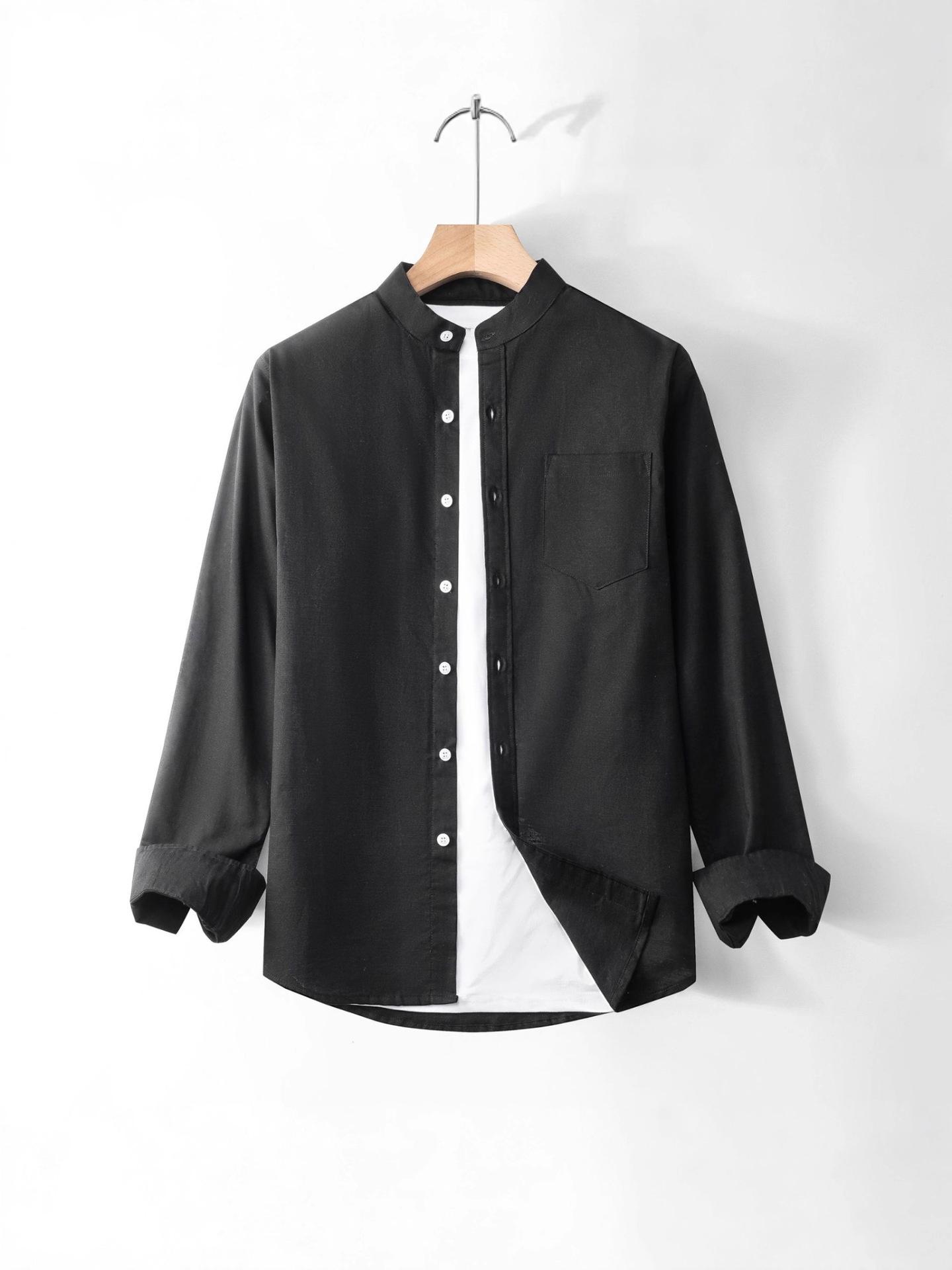 

Мужская рубашка ретро с воротником-стойкой из хлопка и льна с длинным рукавом, чисто черная L чёрный