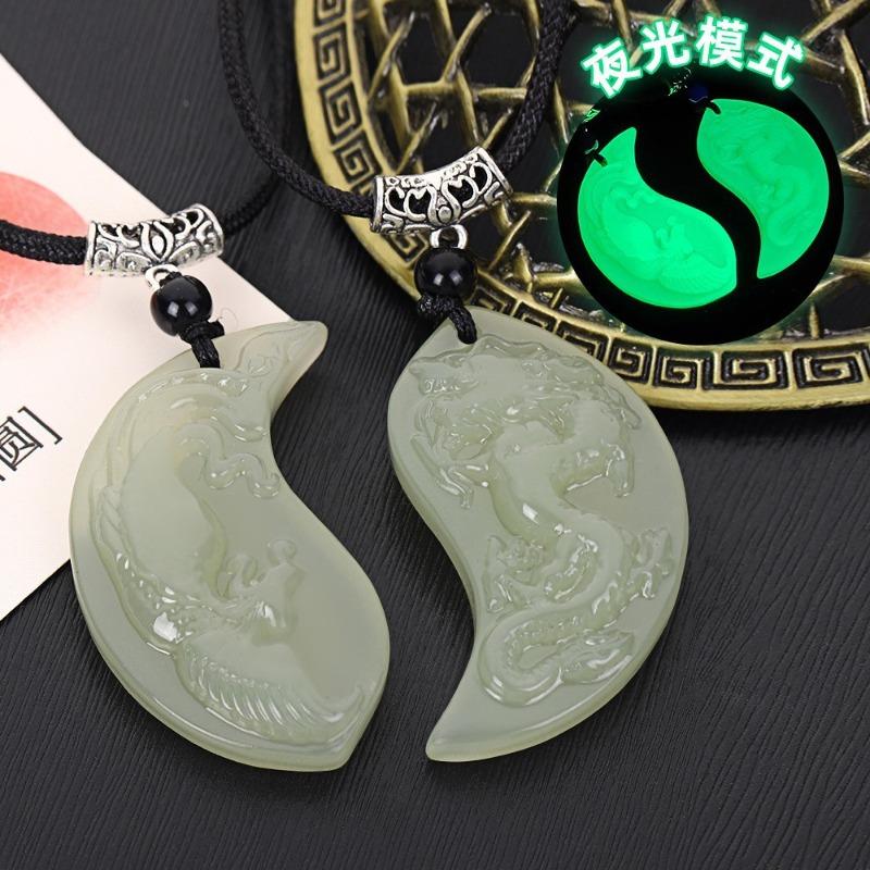 Guofeng luminous dragon and phoenix buckle for men and women couples, dragon and phoenix pendant, carved birthday gift.