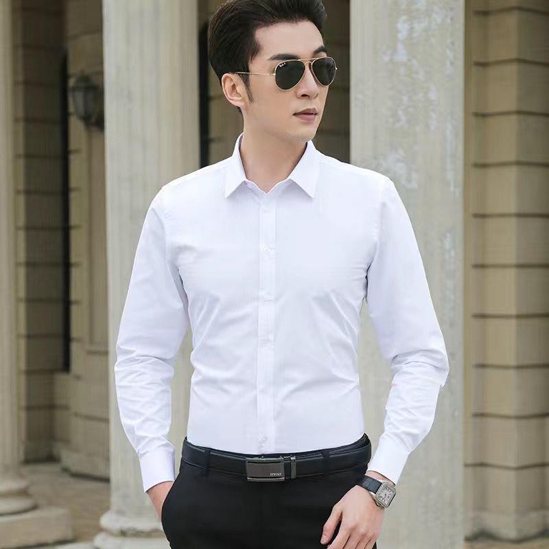 

Men s Slim Fit Long Sleeve White Shirt - Korean Style Business Casual XL (Recommended 115–125 lbs)