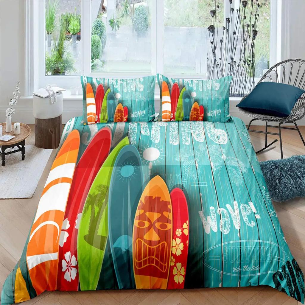 Tavola da Surf Morbida Durevole Qualità Copripiumino Colorato Surf Mare Modello Estate Viaggio Illustrazione Colori Retrò Decorativo Corallo Arancione Bambino Donna