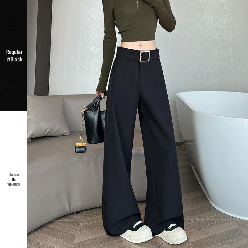 Women's Retro Minimalist Wide-Leg Khaki Suit Pants with Old Money Style Leather Belt