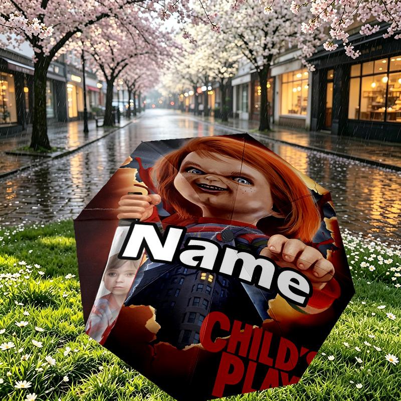 Custom Name Personalized Bride of Chucky Print Umbrella, Auto Open Close, 8‑Rib Sturdy Frame, Commute Camping Hiking Use, Birthday Gift