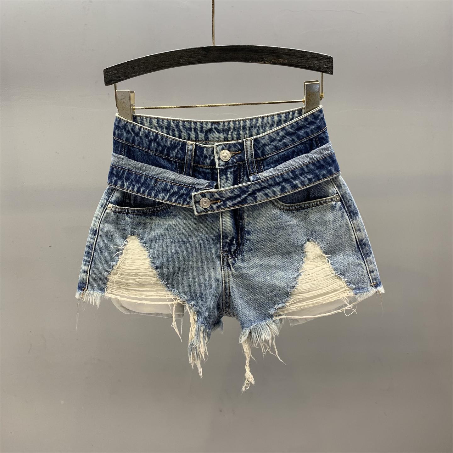 Retro blue ripped rough edge denim shorts women s summer new design high waist a word wide leg hot pants S синий