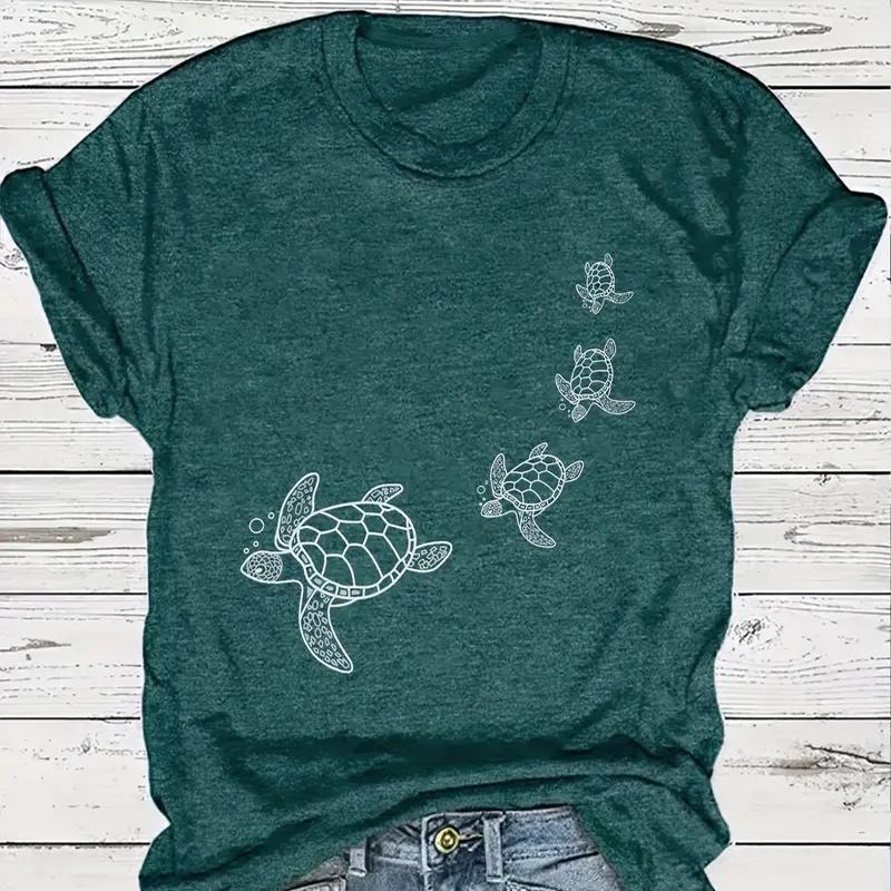 Women Summer T Shirt  Print Turtle Print  Short Sleeve Tees Casual   Printed  Tops