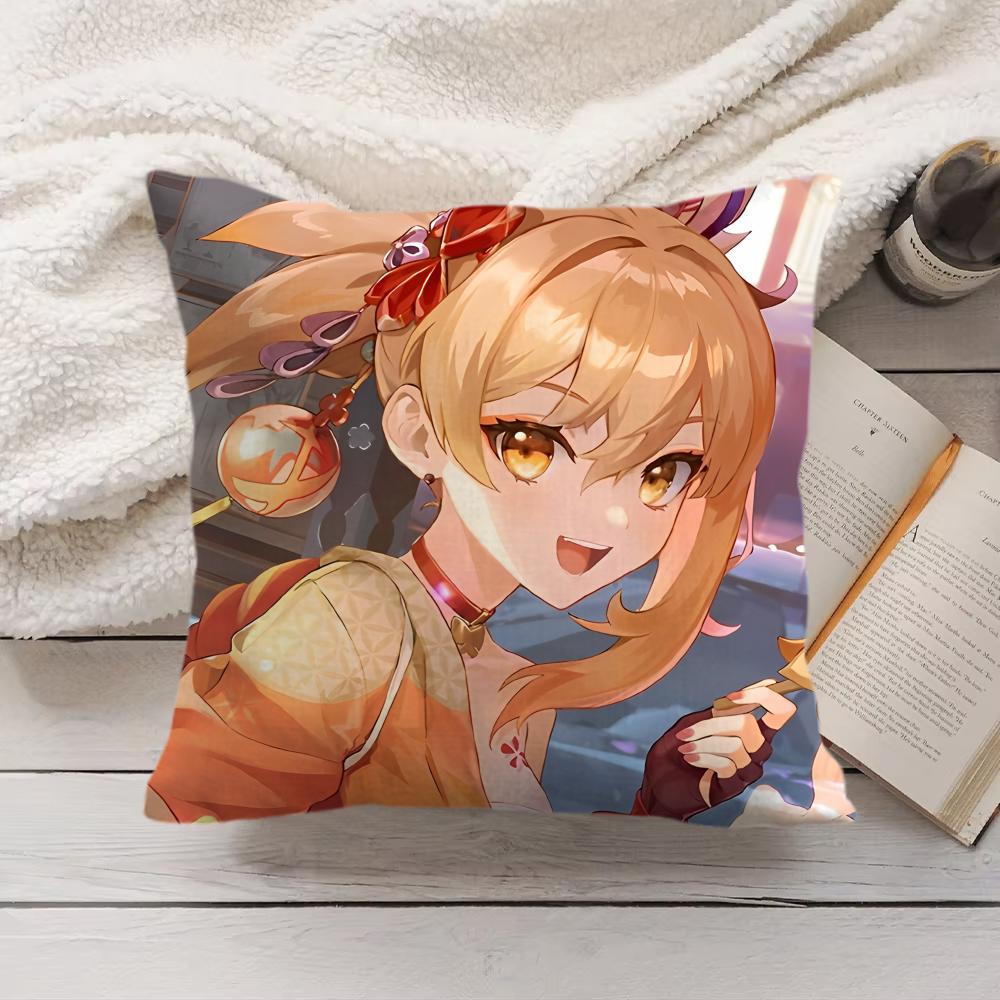 Yoimiya Genshin Impact Cute Cushion Cover Silky Short Plush Invisible Zipper Dustproof Sofa Pillow Case For Home Decor