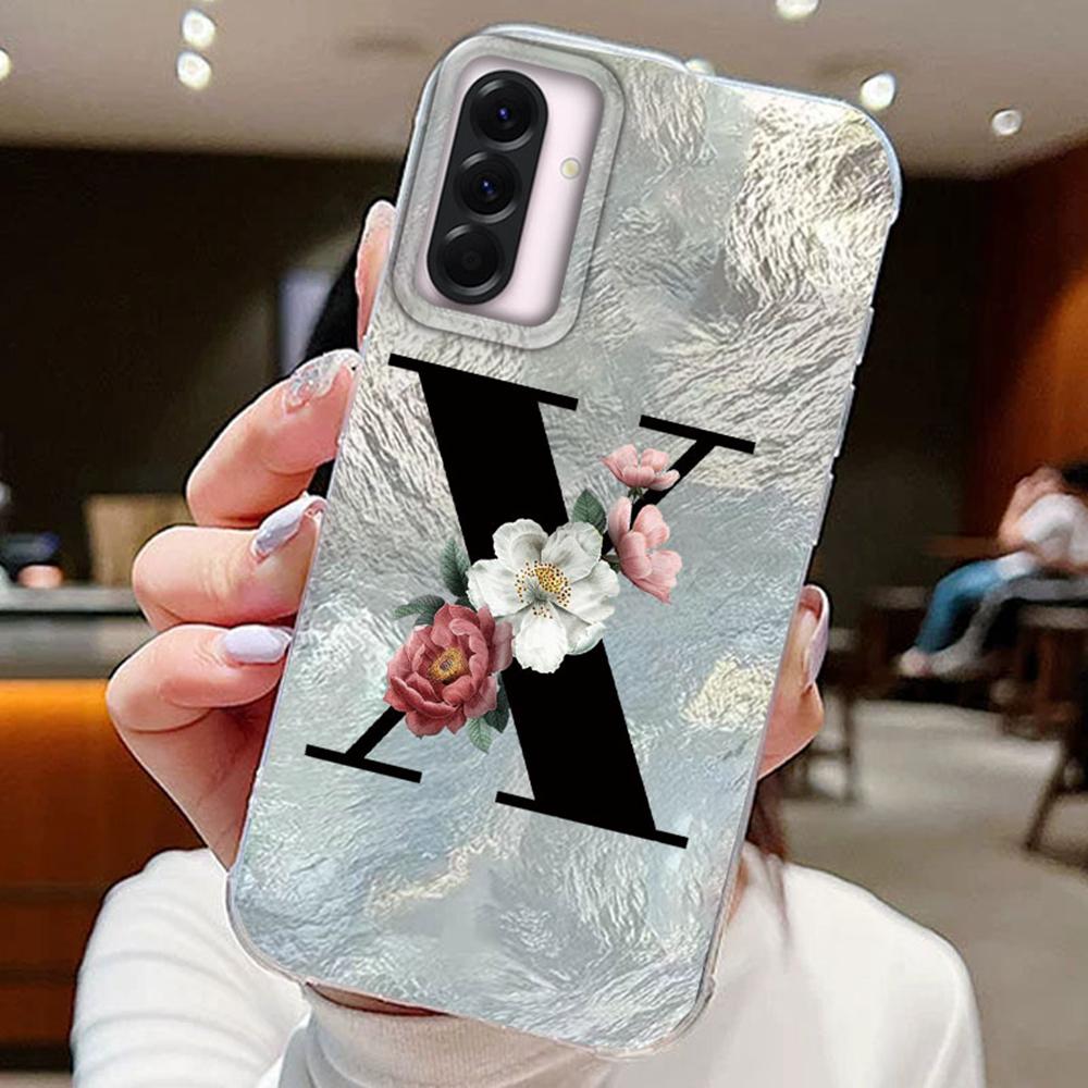 Black A-Z Letter Flower Laser Gradient For Samsung Galaxy A16 A36 A56 Phone Cases Cover Silicone Clear Soft Protect Back Bumper Hard PC Back Cover