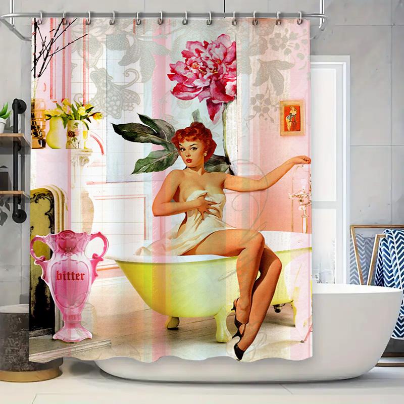 

Vintage Bathing Suit Lady Shower Curtain Decorative Art Home Bathroom Decoration Pink Peony Floral Print, Classic Retro Style, B 90x180cm