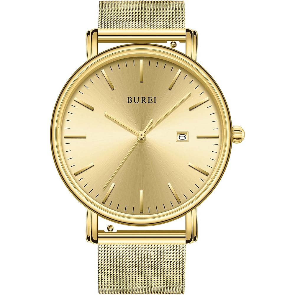 BUREI Men s Analog Business Watch Waterproof Milanese Mesh Band Date Display Black Gold