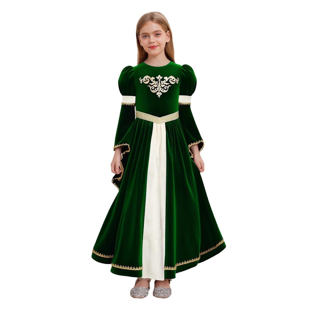 Luxury Medieval Princess Gown for Kids: Detailed Patchwork, Bell Sleeves, Gold Print & Waist Band for Renaissance Theme Event