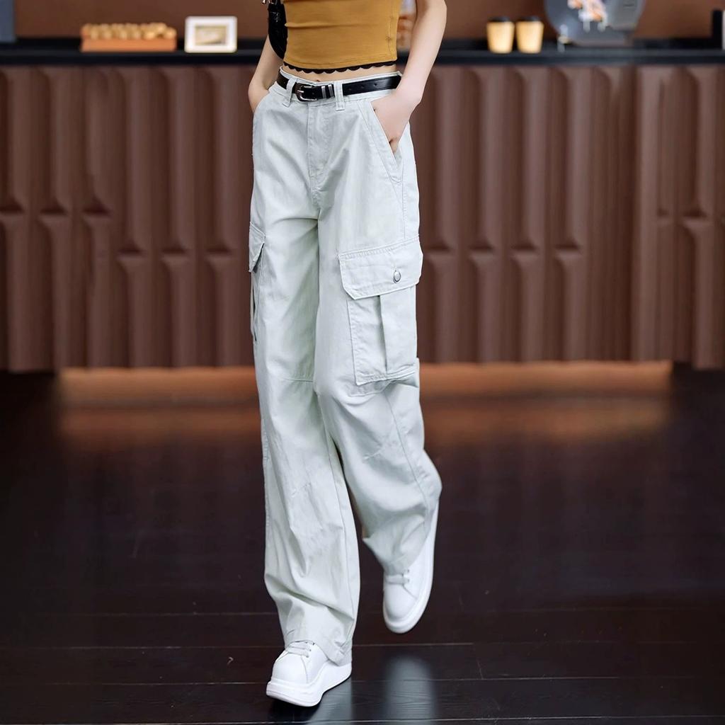 American retro casual overalls women's 1116 summer new design multi-pocket loose vertical straight pants