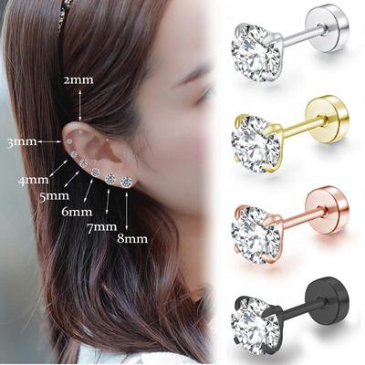 Piercing de Orelha Redondo em Aço Inoxidável com Zircônia Cúbica Para Mulheres Homens CZ Brilhante Cor Prata Brincos de Tarraxa Corpo Preto Joias