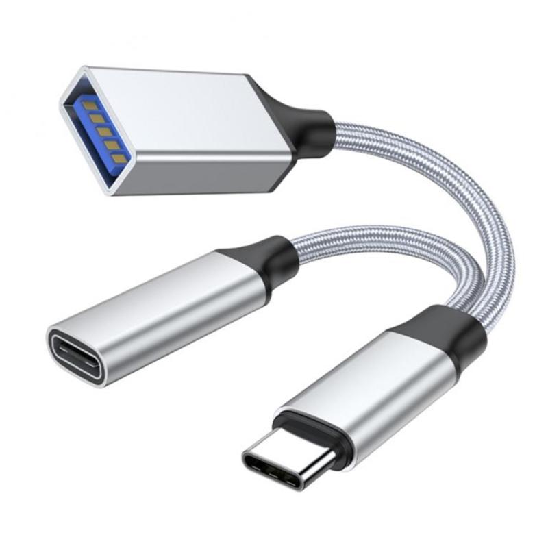 USB C OTG Adapter, 2 In 1 USB C Splitter with PD10W Fast-Charging Type-C Otg and USB A Female Port Nylon Braid Cable