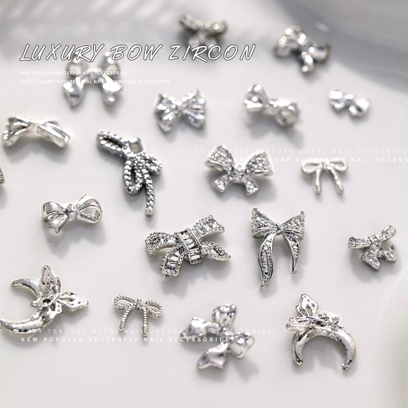 10Pcs Silver Alloy Nail Art Bow Charms Accessories Parts For Manicure Decorate Retro Nails Decoration Design Supplies