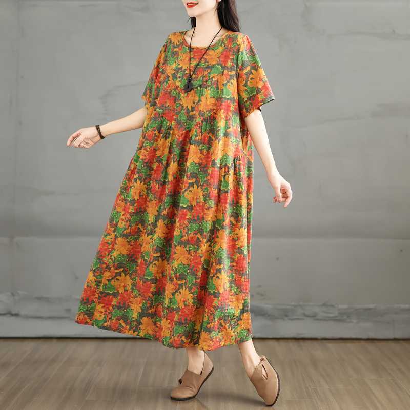 Summer Retro Cotton and Linen Round Neck Short Sleeved Dress, Women's Loose Skirt