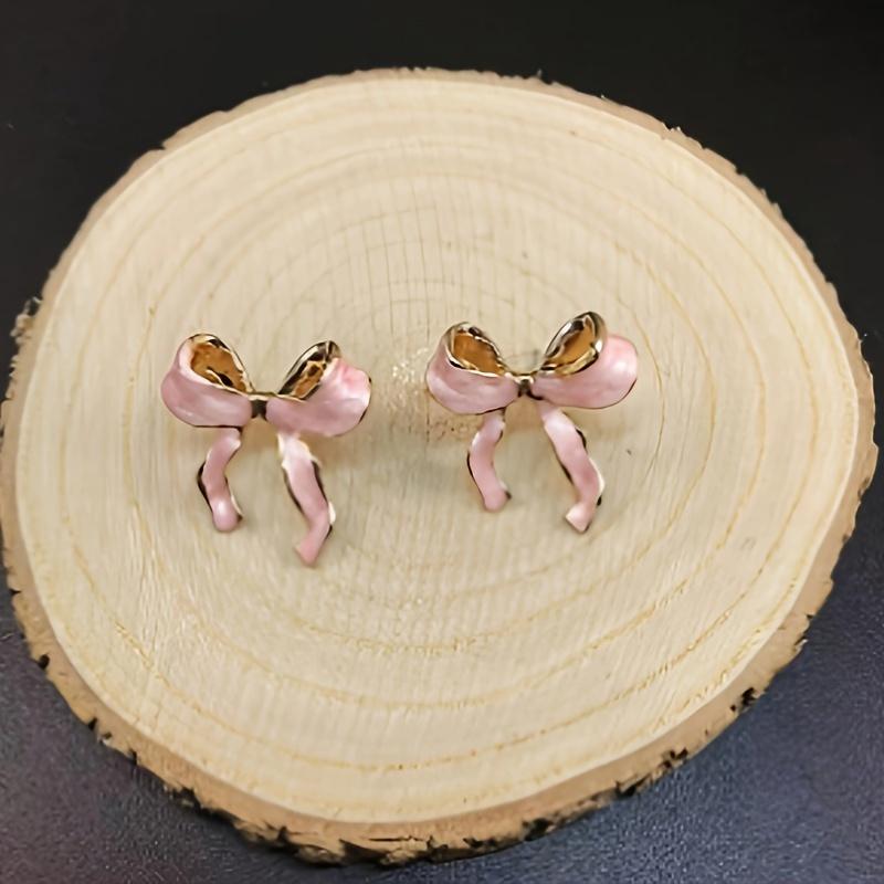 1 Pair Alloy Pink Bow Stud Earrings, Sexy Cute Drop Style, Daily Party Jewelry Gift for Women