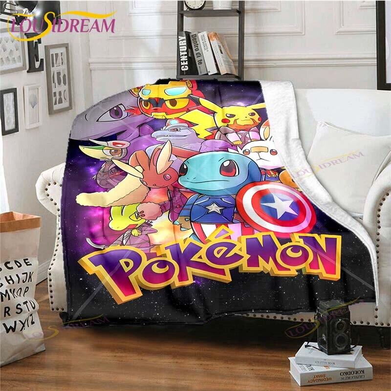 Cartoon Pokemon Printed Pikachu Fleece Plush Blanket Soft Warm Blanket for Adults and Children Bedroom Sofa Gift  Picnic Blanket