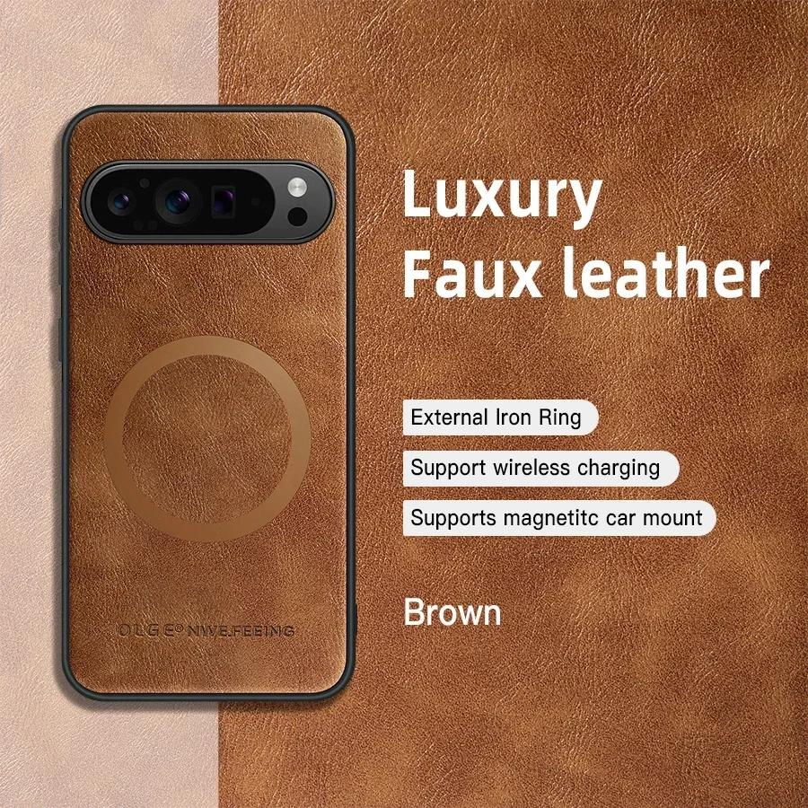 Classic Leather Wireless Charging For Magsafe Magnetic Case For Google Pixel 9 Pro XL Pixel9 Pro XL 5G Soft Back Cover