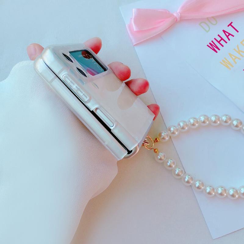 Glitter Colorful Dreamy Conch Shell Pattern Phone Case For Samsung Galaxy Z Flip 3 5g Cute Pearl Bracelet Hand Chain Cover