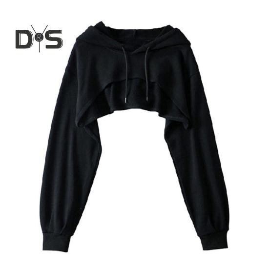 

Женская короткая толстовка с капюшоном, однотонная, с длинными рукавами, с завязками на резинке, свободная, индивидуальная, спортивная, уличная, повседневная, топ M чёрный