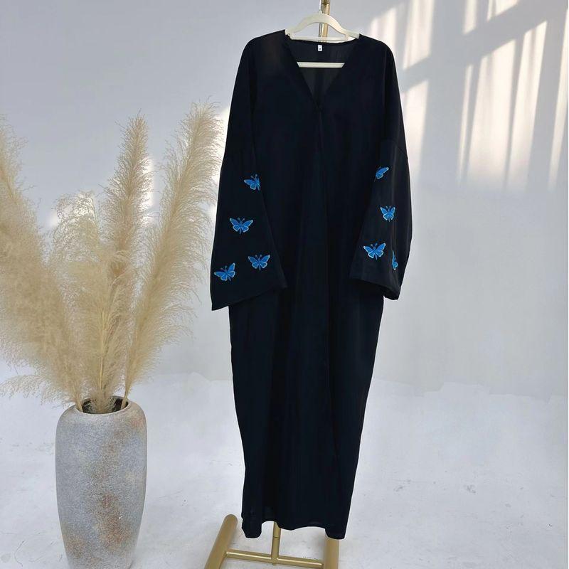 

New Arrival Middle East Butterfly Embroider Dress Butterfly Embroidered Cardigan Dress BLACK BLUE BUTTERFLY S