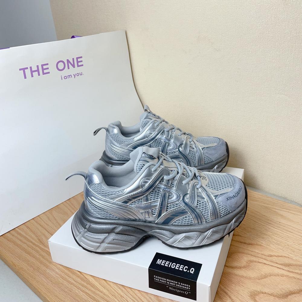 

Европейские туфли для пап на платформе, женская весна 2025, новая кожаная обувь на платформе, модная дышащая сетчатая спортивная и повседневная обувь 35 серебряный