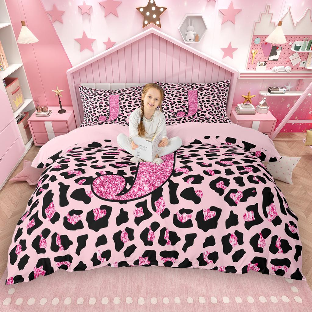 Homewish Pink Leopard Print Duvet Cover Set for Girls 2pcs/3pcs, Glitter Monogrammed Bedding Set, Personalized Letter Bed Set