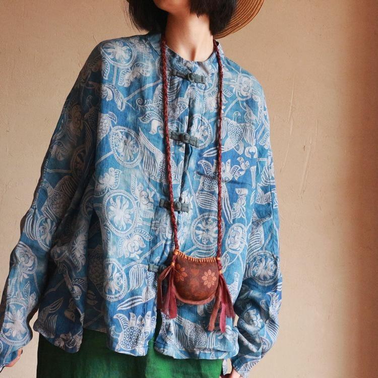 Chinese Style Vintage Print Green Blouse Women Long Sleeve Button Shirt Tops Spring Stand Collar Johnature