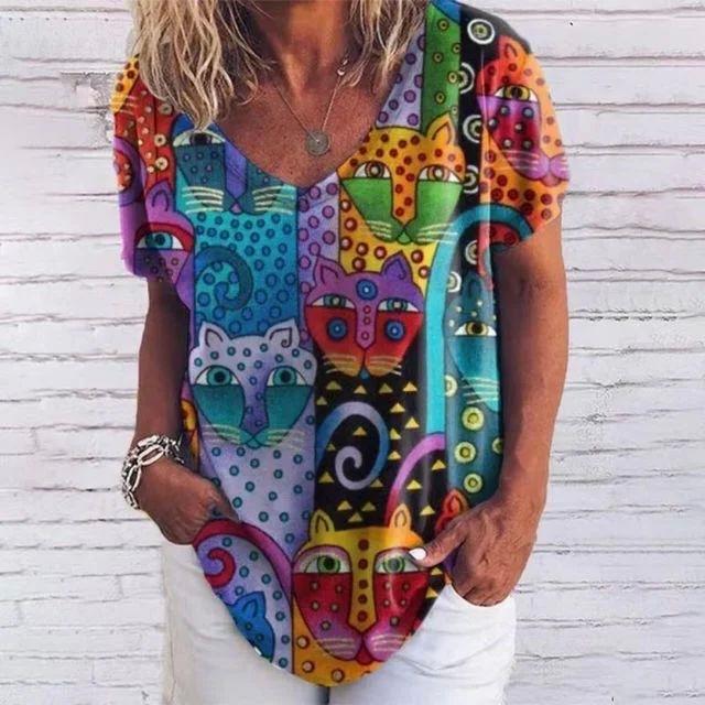 Summer V-neck 3D Cat Printed Top Fashionable Casual Short Sleeved Women's T-shirts