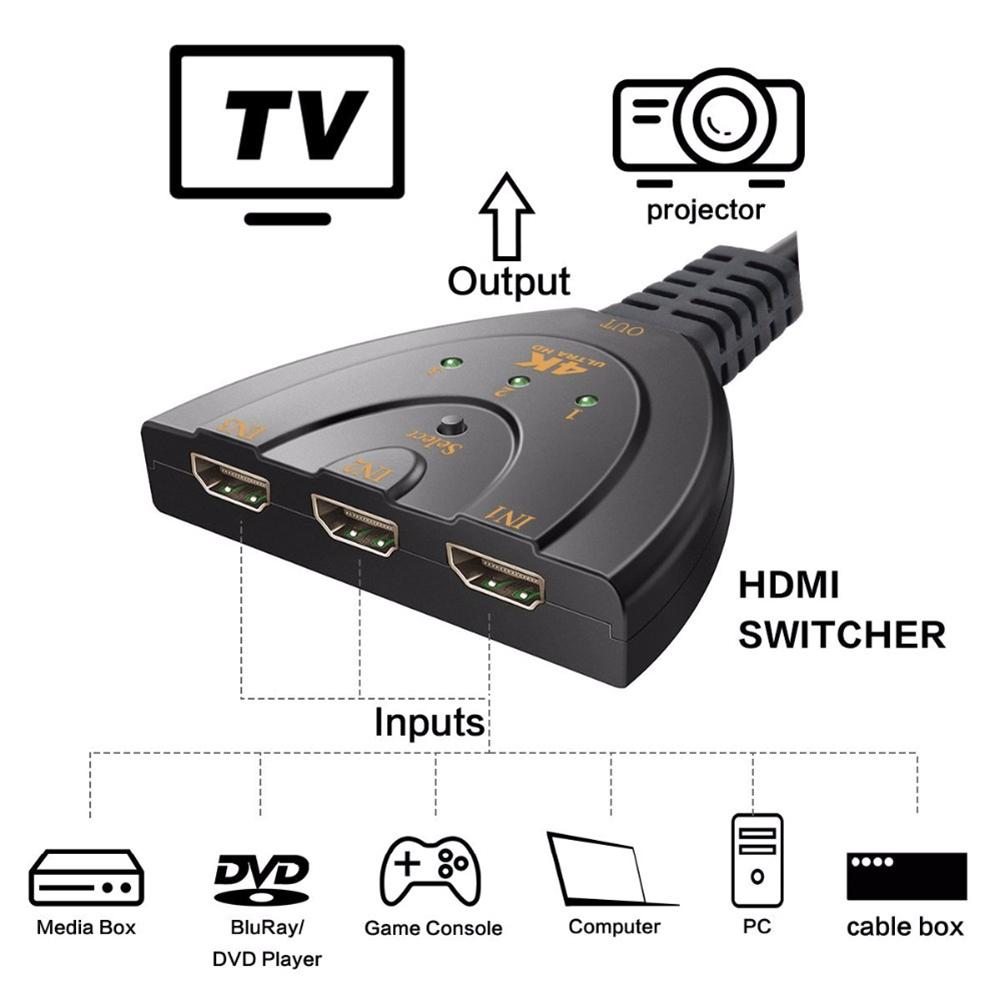 HDMI-compatible Three-Cut-One Pig Tail 3X1 4K*2K HD Converter 3 In 1 Out With Cable HD Video Switcher