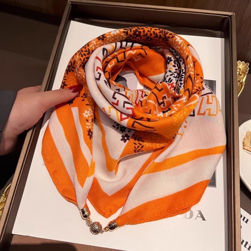 Silk cotton magnetic buckle silk scarf geometric and floral combination printing fashion personality spring autumn and winter versatile single item