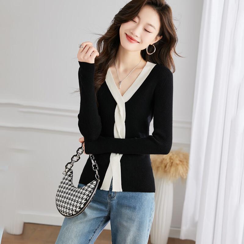 

Srcr Women s Thin V-Neck Short Ultra-Fine Wool Sweater with Contrast Trim M