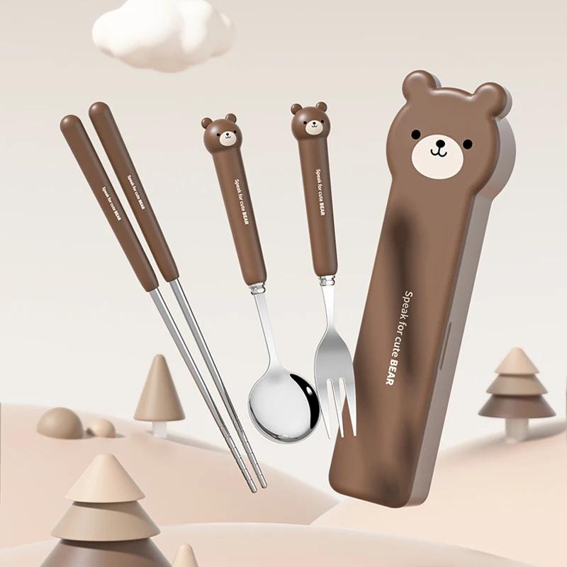 Cartoon Bear Cutlery Set with Case Stainless Steel Kids Fork Spoon Portable Cutlery Set Travel Tableware Reusable Flatware