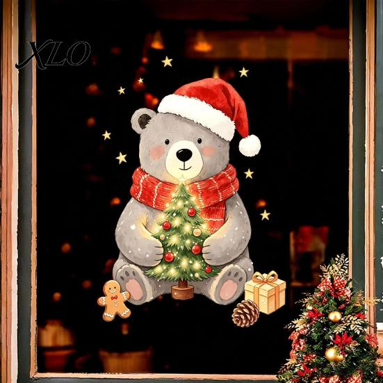 Customizable Christmas Window Scenes Bear Static Clings, Cute Holiday Glass Decals, Waterproof PVC Xmas Decor for Doors Stickers Home Store