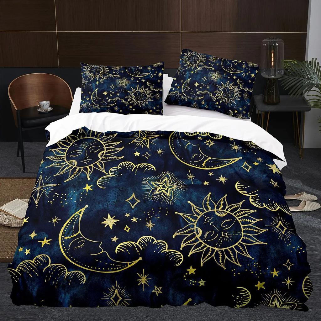 Sonne Mond Bettbezug KingQueen Größe, Galaxie Boho Exotisches Bettwäscheset Schwarz Gold Astrologie Himmlisch Polyester Steppdecke
