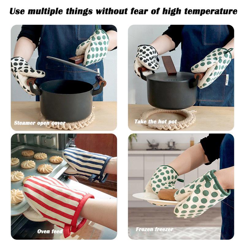 1PCS Kitchen Baking Oven Gloves High Temperature Resistant Thicken Cotton Dot Stripe Hanging Home Gloves for BBQ Baking Cooking