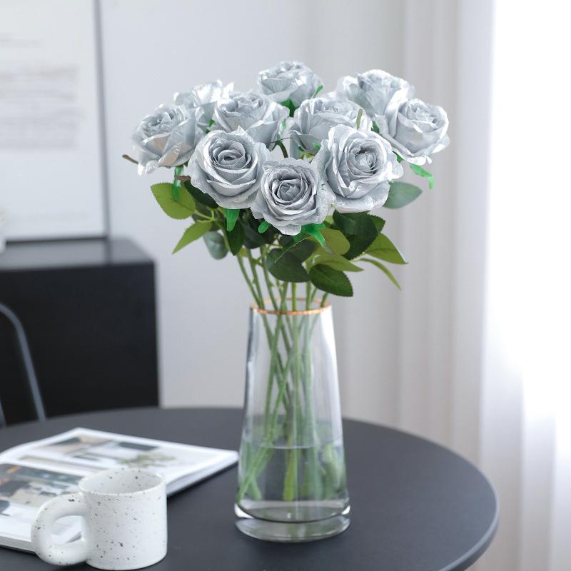 3PCS Realistic Touch Colorful Artificial Roses Flowers Rainbow Lifelike Silk Roses Flowers Non-Fading Plastic Fake Flowers