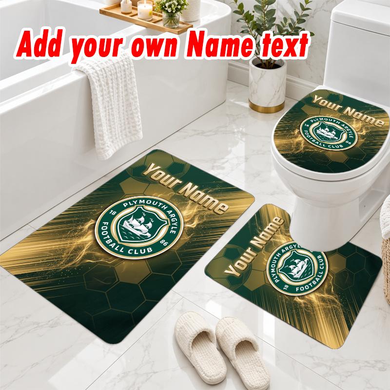 Personalized Plymouth Argyle FC 3Pcs Flannel Toilet Mat Set Custom Text Bathroom Rug Non Slip