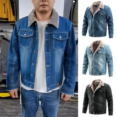 Men's Denim Jacket with Plush and Thick Lapel Collar, Washed Cotton, Fashionable Men's Jacket