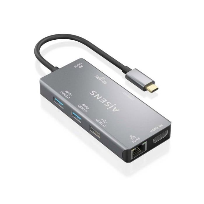 Hub aisens usb-c dock 9 en 1 usb-c 2xhdmi rj45 2xusb-a 3.0 usb-a 2.0 pd