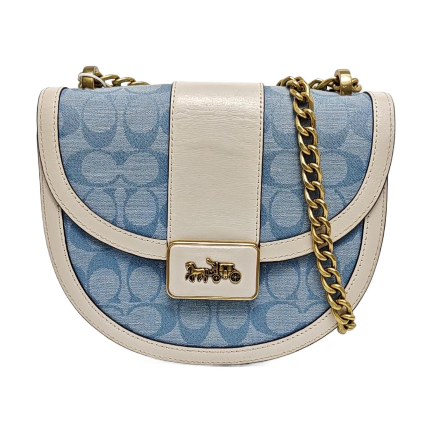 [Pre-Owned] Alie 21 Monogram Color Block Chain Chambray Canvas Print Leather And Fabric Saddle Bag Crossbody Small - Very Good #1GUIFBT ONE SIZE