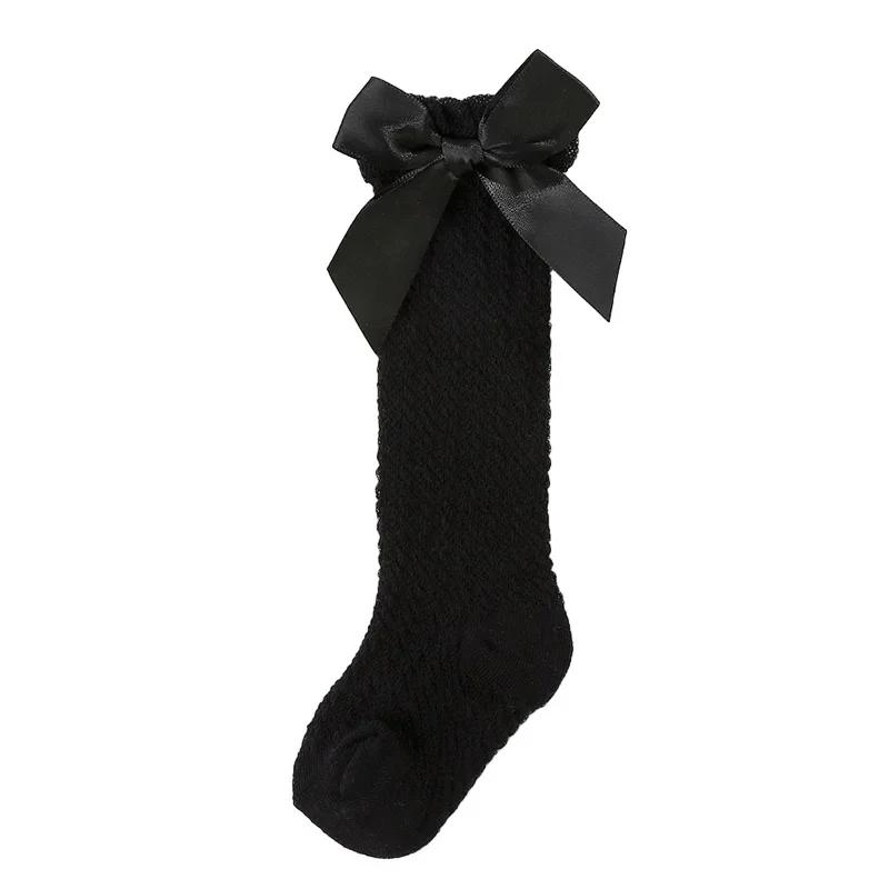 Calcetines para niñas pequeñas, de verano y otoño, con lazo, largos, hasta la rodilla, de algodón suave, con lazo de malla, con encaje decorativo, de 0 a 3 años S (0-1Y) negro