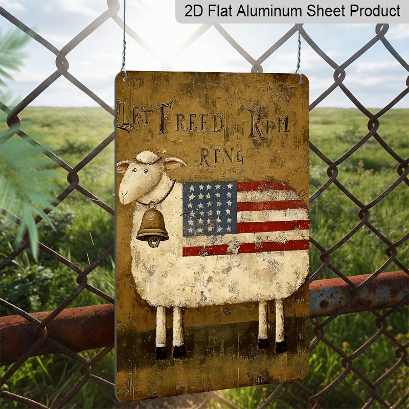2D Flat, 1pc Patriotic Sheep American Flag Metal Wall Art - Rustic Farmhouse Style with "Let Freedom Ring" Design, Vintage Distressed Texture