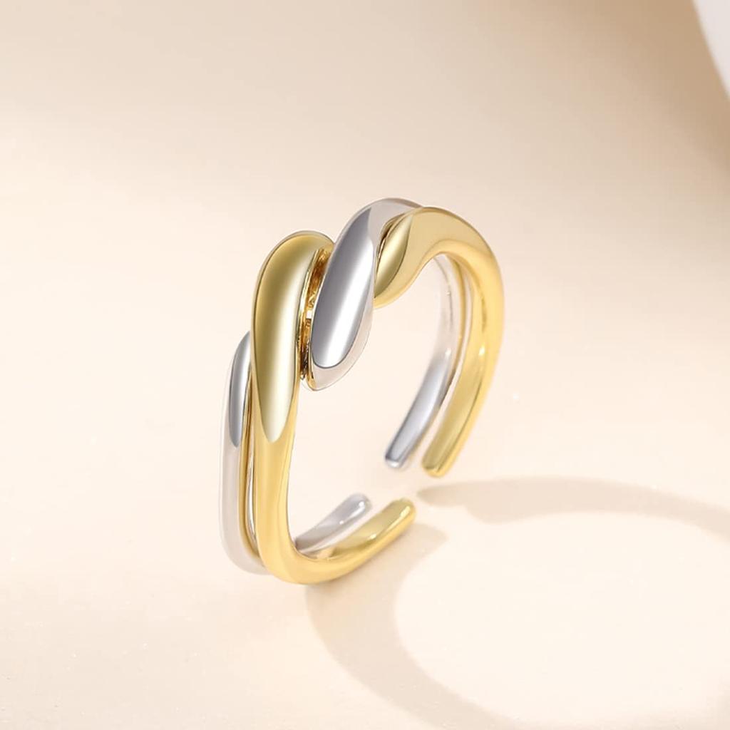 Rockyu Women's Ring, Free Size, Silver & Gold Double Ring, Pair, Detachable, Geometric Design, Stylish, Made of Sterling Silver 925, Hypoallergenic, B