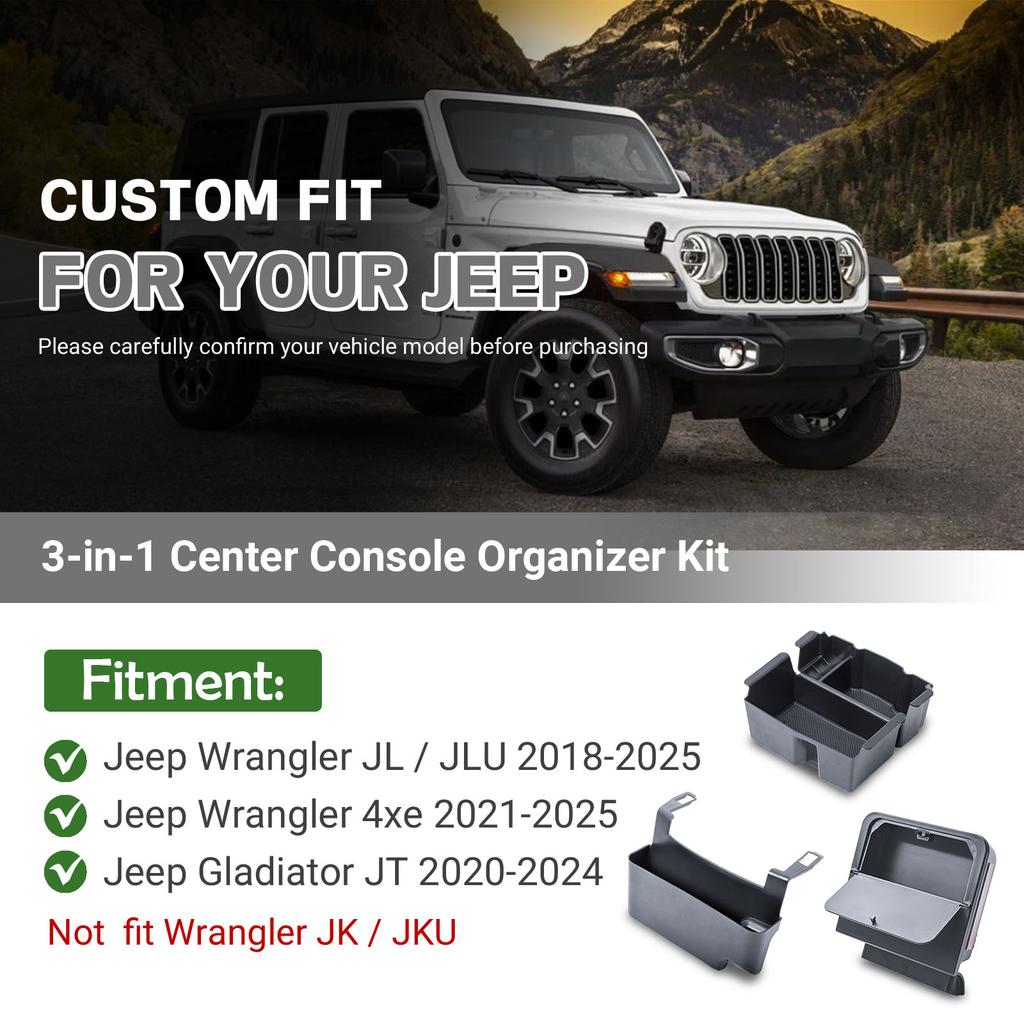 3PCS Center Console Organizer for Jeep Wrangler JL JLU 4xe 2018-2026 & Gladiator JT 2020-2026 Gear Shift Hanging Armrest Car Box