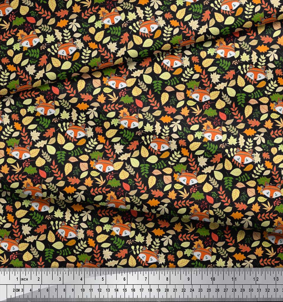 Soimoi Japan Crepe Satin Fabric Leaves & Fox Face Cartoon Printed Craft Fabric by the Metre 42 Inch