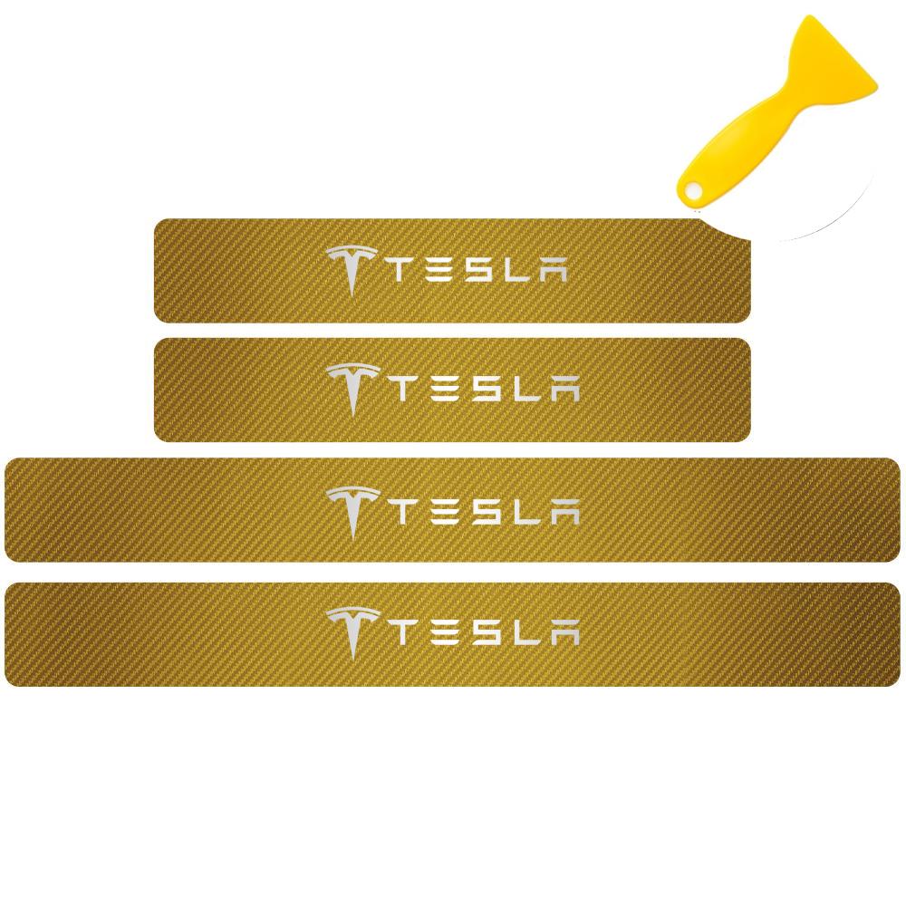 4pcs Car Anti Scratch Scuff Carbon Fiber Door Threshold Stickers for Tesla Model 3 Model S X Model Y Roadster SpaceX Cybertruck