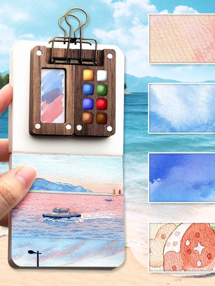 Portable Travel Watercolor Set Schmincke Watercolor 8 Colors Mini Walnut Paint Box Sketchbook Student Outing Art Supplies
